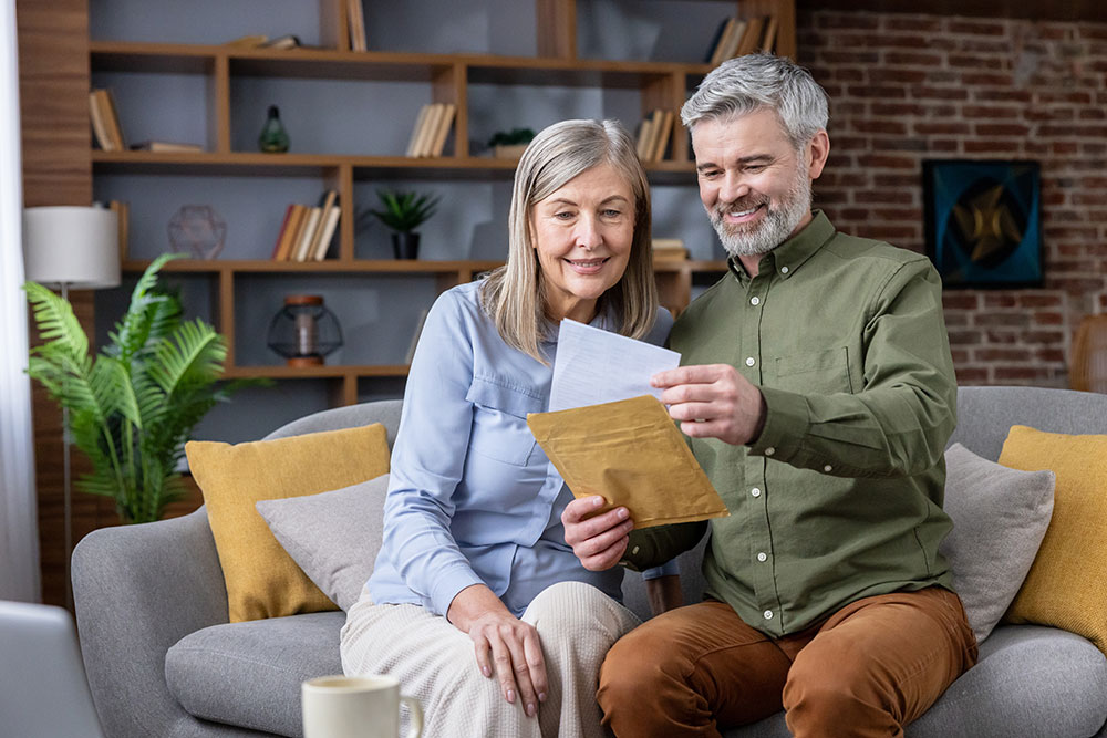 Couple reviewing dental treatment paperwork at home