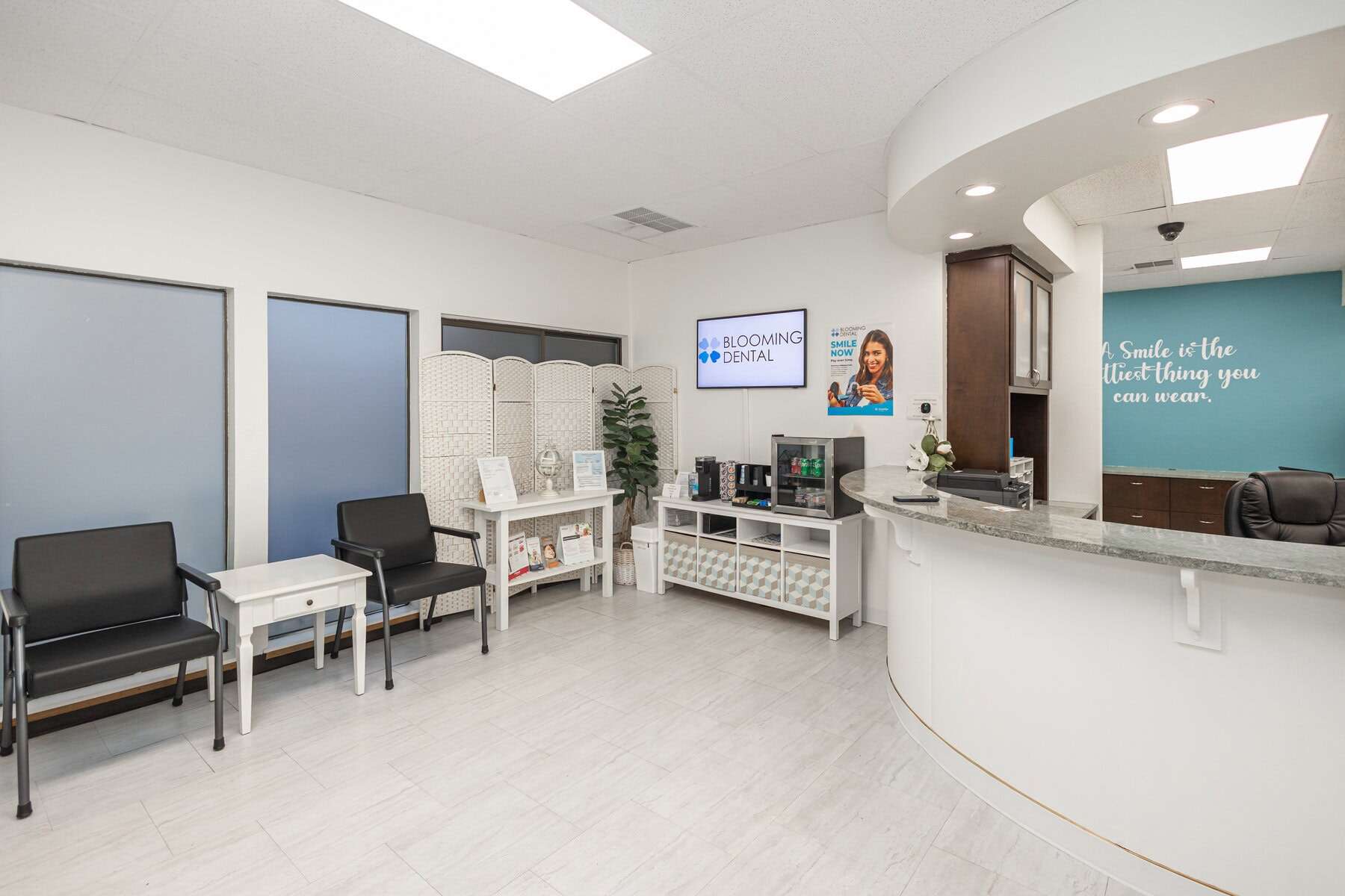 Reception and waiting area at Blooming Dental